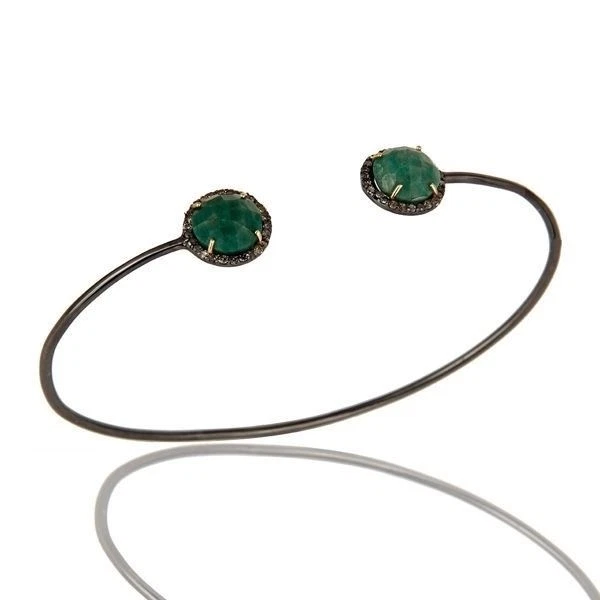 14K Solid Gold Pave Set Diamond And Natural Dyed Emerald Adjustable Bangle - Image 1 of 4