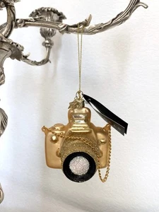 NEUF NEUF AVEC ÉTIQUETTE ! VONDELS Appareil photo à paillettes en verre doré ornement sapin de Noël décoration vacances - Photo 1/8
