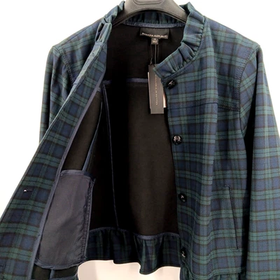 Banana Republic Black Watch Tartan Plaid Ruffle Jacket Blazer Navy/Green Sz 14 - Image 1 of 4