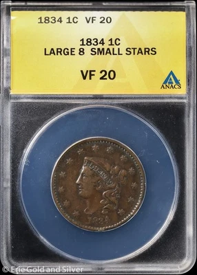 1834 1C Coronet Head Large Cent ANACS VF 20 | Large 8 Small Stars - Image 1 of 4