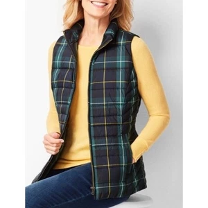 Talbots Puffer Down Vest Tartan Green Plaid Outdoor Preppy Academia Large - Picture 1 of 6