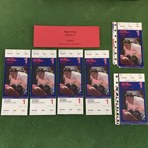 6- 2005 Ole Miss Rebels vs Wyoming￼￼ Football tickets Stubs w/Parking pass Cover
