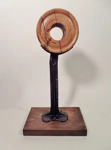 Primitive Industrial Art Piece Cast Iron Shoe Last Wooden Pulley Barn Beam Wood - Picture 1 of 6