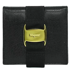 Salvatore Ferragamo Vara Bow Leather Compact Wallet Black Gold - Picture 1 of 10