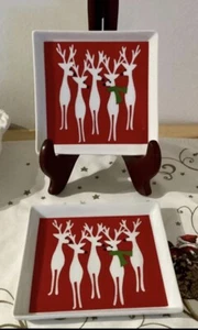 Crate And Barrel Christmas Reindeer 6” square plate/tray 2008 Set Of 2 - Picture 1 of 3