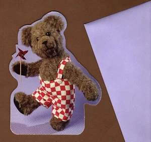 Teddy Bear Birthday Card, Pinwheel, Red & White Checked Overalls, Sangamon - Picture 1 of 3