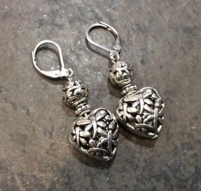 Silver Filigree Puffed Heart Earrings with Dragonfly detail Sterling leverbacks - Image 1 of 4