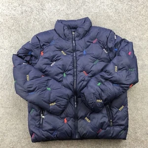 Polo Ralph Lauren Jacket Boys Medium Blue Puffer Down Spell Out Logo Pockets - Picture 1 of 9