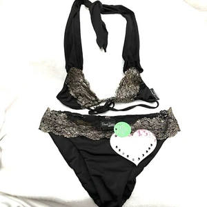 Beach Bunny Bikini Set The Modest Top S Bottom XL Full Coverage Gold Lace - Picture 1 of 13