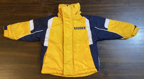 BUFFALO SABRES NHL Coat Jacket Size 18M Toddler Zip Track Coat READ Navy Yellow Cover