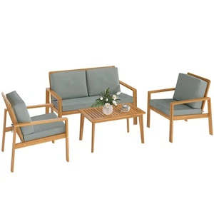 Outsunny 4 Pieces Wooden Garden Furniture Set Loveseat Coffee Table 2 Armchairs - Picture 1 of 11