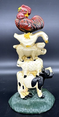 Vtg Cast Iron Door Stop Farmhouse Animals Stacked Rustic Country Primitive 9.5" - Image 1 of 4