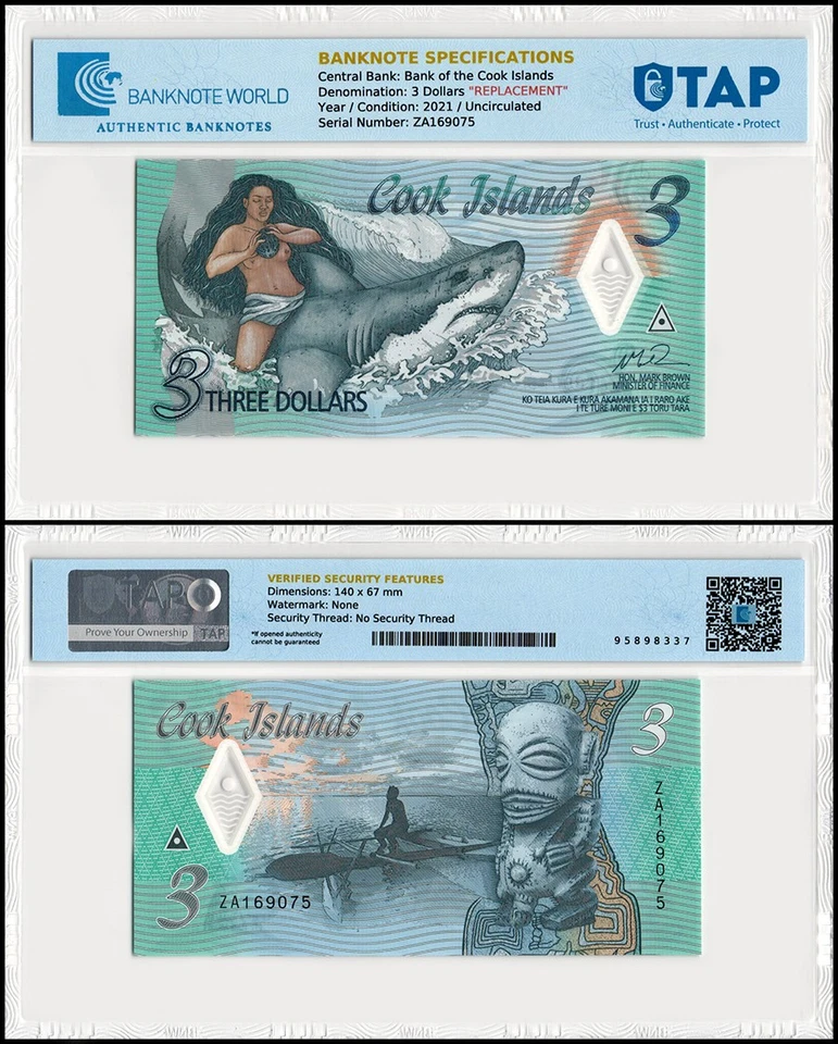 Cook Islands 3 Dollars, 2021 ND, P-11, UNC Polymer, Replacement Authenticated - Image 1 of 1
