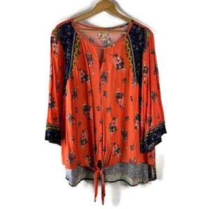 Fig & Flower Damen Tunika Bluse Shirt Top Größe 3X orange Blumenmuster vorne zum Binden Knoten - Bild 1 von 10