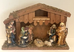 Vintage Christmas Nativity Scene Manger MCM Wood and Ceramic Holiday Decor - Picture 1 of 9