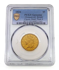 1834 $5 Classic Head Gold Half Eagle Graded by PCGS as AU Detail - Cleaned - Picture 1 of 8