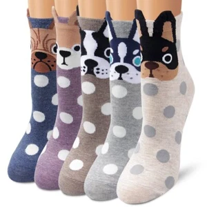 Women Socks Cute Animal Patterned Casual Cotton Socks 5 Dots Dogs - Picture 1 of 6