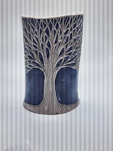 Wheel thrown Blue and White Tree Vase Artist Signed Caron Andrus - Picture 1 of 9