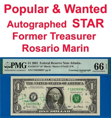 2001 $1 Federal Reserve Note PMG 66EPQ Gem Autographed Atlanta Star Fr 1927-F* - Image 1 of 3