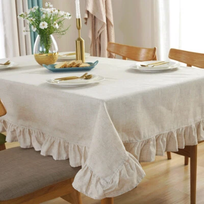 Cotton Linen Flounce Ruffle Edge Tablecloths Table Topper Furniture Cover Modern - Image 1 of 4