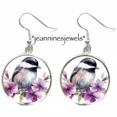 Chickadee Bird EARRINGS Watercolor Purple Floral Art Print Silver Charm Dangle - Image 1 of 4