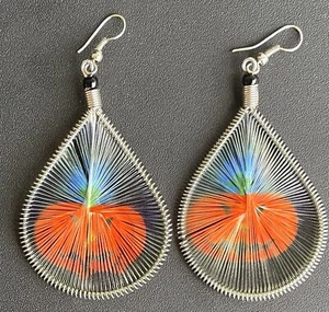 Peruanischer Seidenfaden Halloween Grusel Kürbis große Ohrringe Handarbeit Peru Boho - Bild 1 von 4