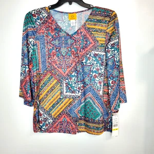 Ruby RD Womens Multi Color Patchwork Print 3/4 Bell Sleeve Blouse Shirt SZ M - Picture 1 of 15
