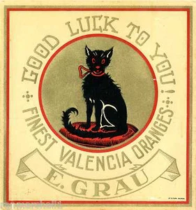 Valencia Spanien schwarze Katze Good Luckto You Orange Zitrus Obstkiste Etikett Druck - Bild 1 von 1