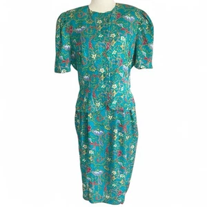 Adrianna Papell 100% Silk Skirt Suit Set Size 10 Teal Floral - Picture 1 of 11
