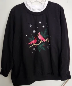Vintage Women’s Christmas Winter Sweatshirt Cardinals Birds Large 18/20 Black Q2 - Picture 1 of 3