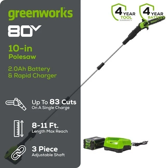 Greenworks 80V 10 In. Brushless Pole Saw with 2.0 Ah Battery & Charger 1405802