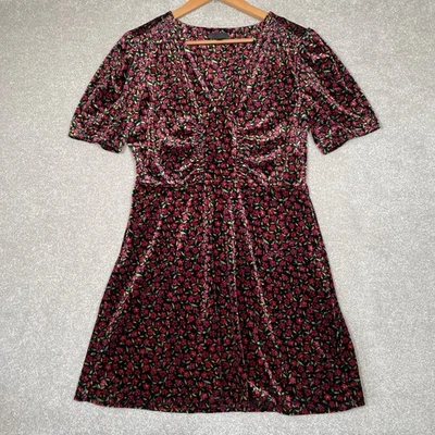 Mini Vestido Topshop Terciopelo/Terciopelo Negro Floral Cuello en V Para Mujer Talla UK12 Ditsy Foto 1 de 4