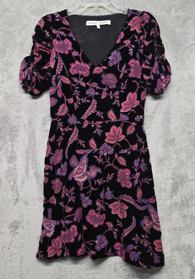 Vestido Rebecca Minkoff Mujer Talla 4 Negro Terciopelo Púrpura Floral Mini Hada Arlette Foto 1 de 4