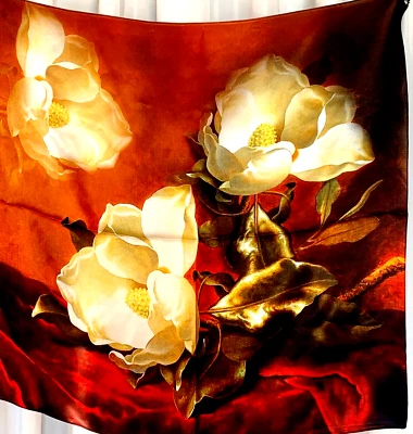 Cachecol 27"X27" estampa de magnólia branca pura seda cetim amoreira 12momme 68x68cm5-83 - Imagem 1 de 4