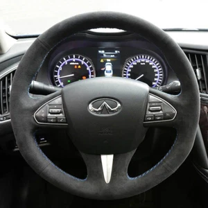 Black Suede Leather Steering Wheel Blue Stitching Wrap Cover For Infiniti Q50 - Picture 1 of 8