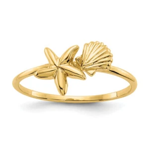 14K Solid Yellow Gold Shell Starfish Ring - Picture 1 of 100