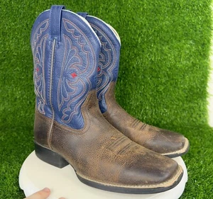 Stivali da cowboy Ariat in pelle marrone blu punta quadrata misura 5,5 contadino eleganti rossi - Foto 1 di 7