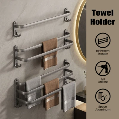 Aluminum Alloy Towel Holder Without Drilling Bathroom Rack Wall Mounted Shelf - Image 1 of 4