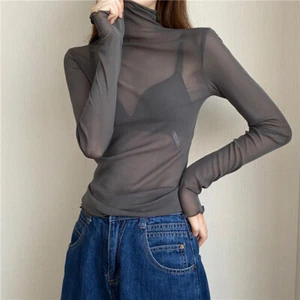 Mesh Sheer Blouse See Through Tops Women Shirts Long Sleeve Sexy Turtleneck - Picture 1 of 13