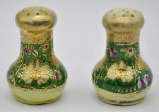 Antique Hand Painted Green & Gold Gilded Porcelain Salt & Pepper Shaker