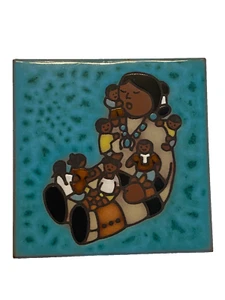 1984 Cleo Teissedre Indian Tile Coaster Trivet or Wall Decor 4" Woman & Children - Picture 1 of 5