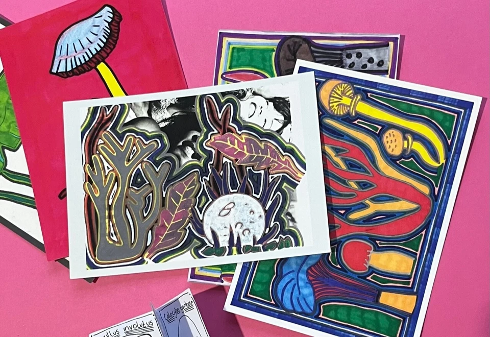 Mushroom zine and postcards bundle - mini zine and art prints. Outsider Art