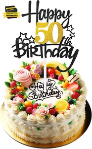 Happy 50Th Birthday Cake Topper, Black Gold Glitter Cheer to 50 Years Birthday C - Picture 1 of 8