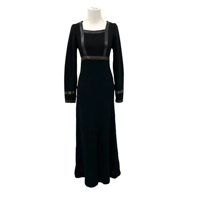 VINTAGE JEAN VARON MEDIEVAL EMPIRE WAIST DRESS Knit Black Sweater Leather XS - Image 1 of 4