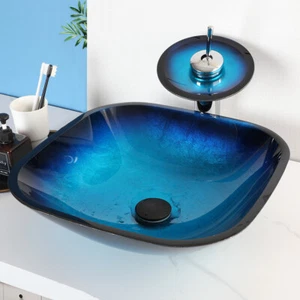 Square Bathroom Blue Vessel Sinks Glass Basin Bowls With Black Faucet And Drain - Picture 1 of 11