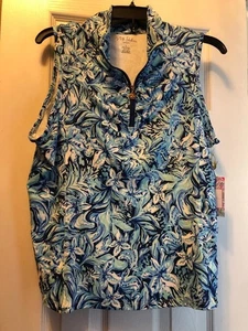 NWT STELLA PARKER Ocean Blue Navy Floral Ruched Sleeveless Mock Golf Shirt - L - Picture 1 of 1