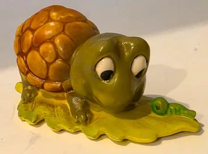 Vintage Josef Miniature Turtle On Leaf W/ Caterpillar Ceramic Figurine Japan 3" - Picture 1 of 10