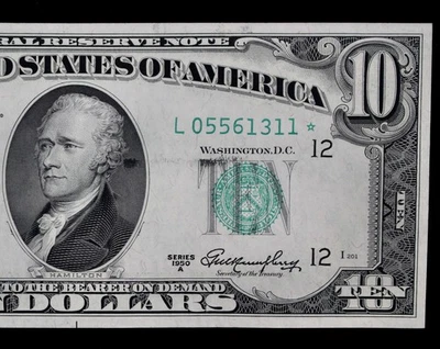 $10 1950A Star AU Federal Reserve Note L05561311* series A ten $ INK SMEAR ERROR - Image 1 of 3
