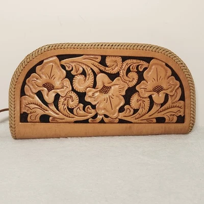 Vintage Hand Tooled Leather Clutch Wristlet Handbag Zip Closure  - Image 1 of 4