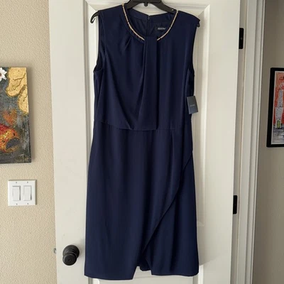 Vestido Ellen Tracy Formal Azul Marino Talla 16 Sin Mangas Oro Cadena Detalle Nuevo Con Etiquetas Foto 1 de 4